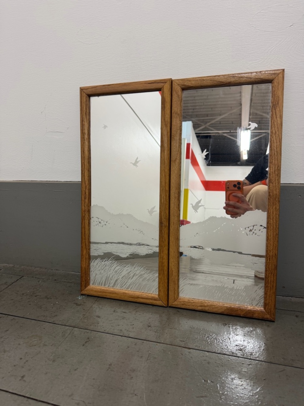 Wood Frame Etched Glass Wall Mirror - Brown